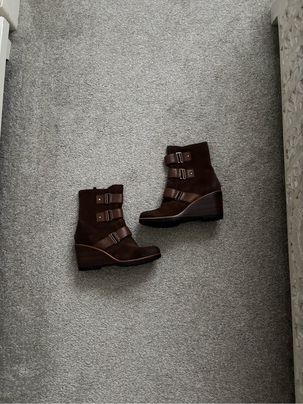 Sorel Brown Suede Wedge Ankle Boots with Buckle Straps